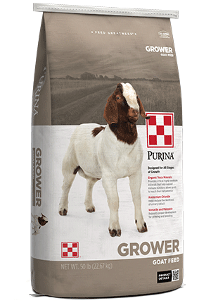Gray and white goat grower bag with image of goat