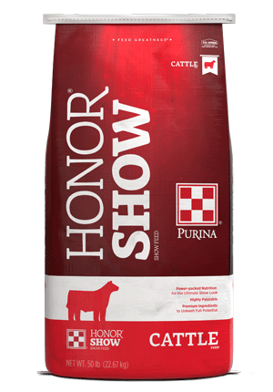 Image of red and white cattle show feed bag front facing