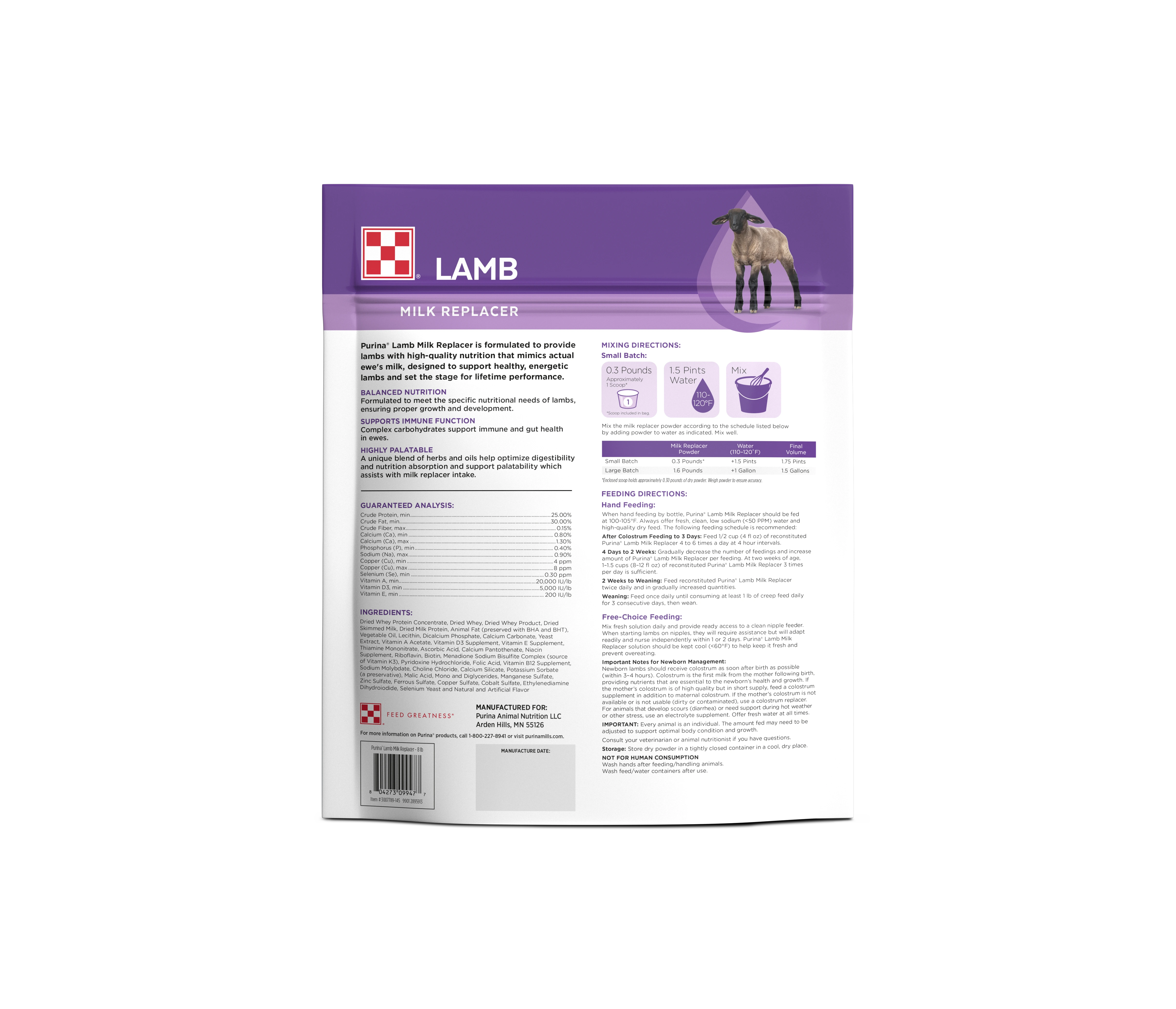 Image of back of 8 lb purple Purina Lamb Milk Replacer package