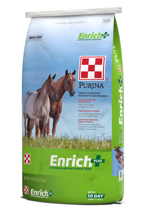 Image of backside of Enrich Plus® Ration Balancing horse feed bag right facing