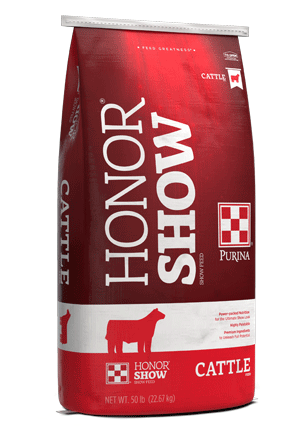 Image of red and white cattle show feed bag