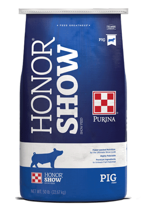 Image of blue and white honor showpig feed bag front facing