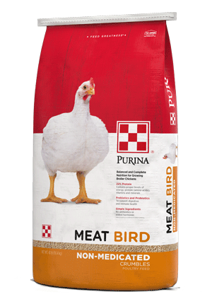 Purina® Meat Bird Poultry Feed red, white and yellow package right view