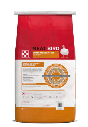 Purina® Meat Bird Poultry Feed red, white and yellow package back view