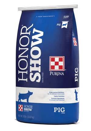 Image of blue and white honor showpig feed bag left facing