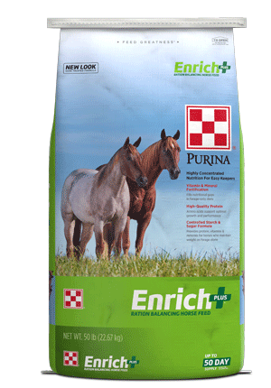 Image of backside of Enrich Plus® Ration Balancing horse feed bag right facing