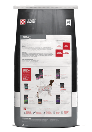 Image of gray, black and white show goat feed bag back facing