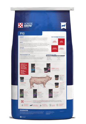 Image of blue and white honor showpig feed bag back facing