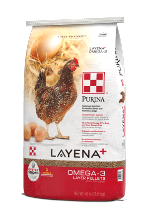 Image of Purina® Layena® Plus Omega-3 poultry feed package right side view